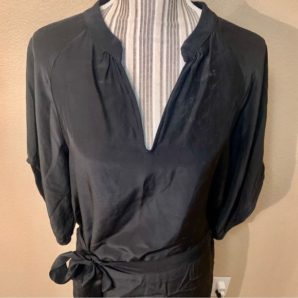 100% Silk Mini Dress Small Viereck Black Flowy V-Neck Tie Belt Short Sleeves - Picture 4 of 16